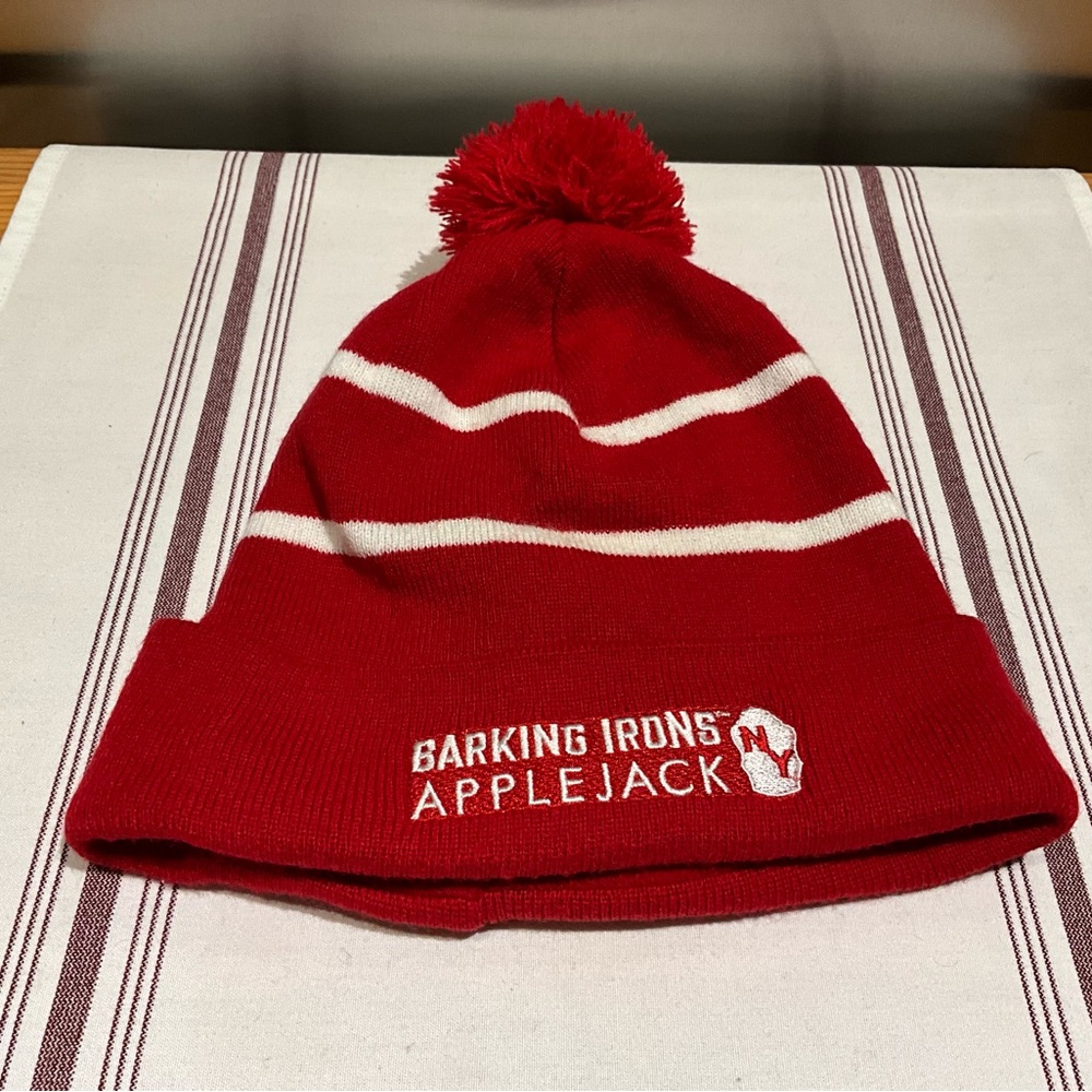 Barking Irons Applejack Brandy Upstate New York Red Knit Pom Foldover Beanie Hat